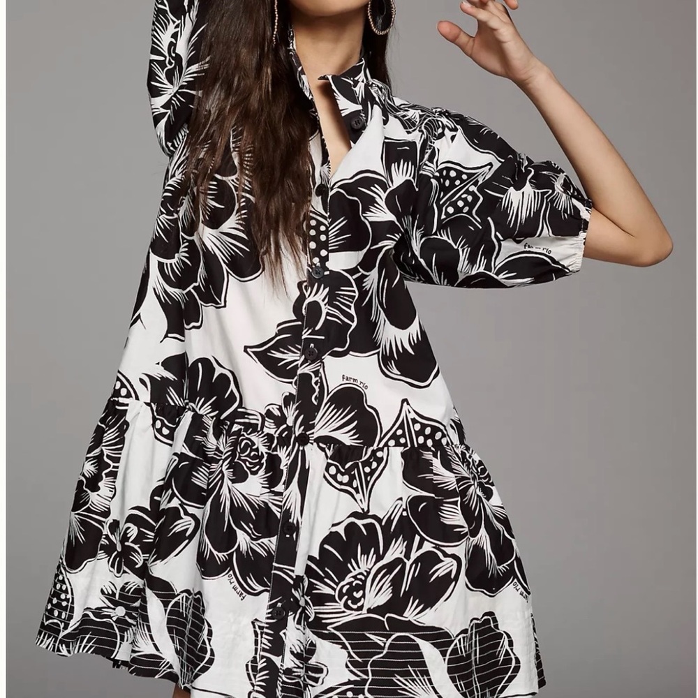 Anthropologie Farm Rio Printed Drop-Waist Mini Shirt Dress XS $158